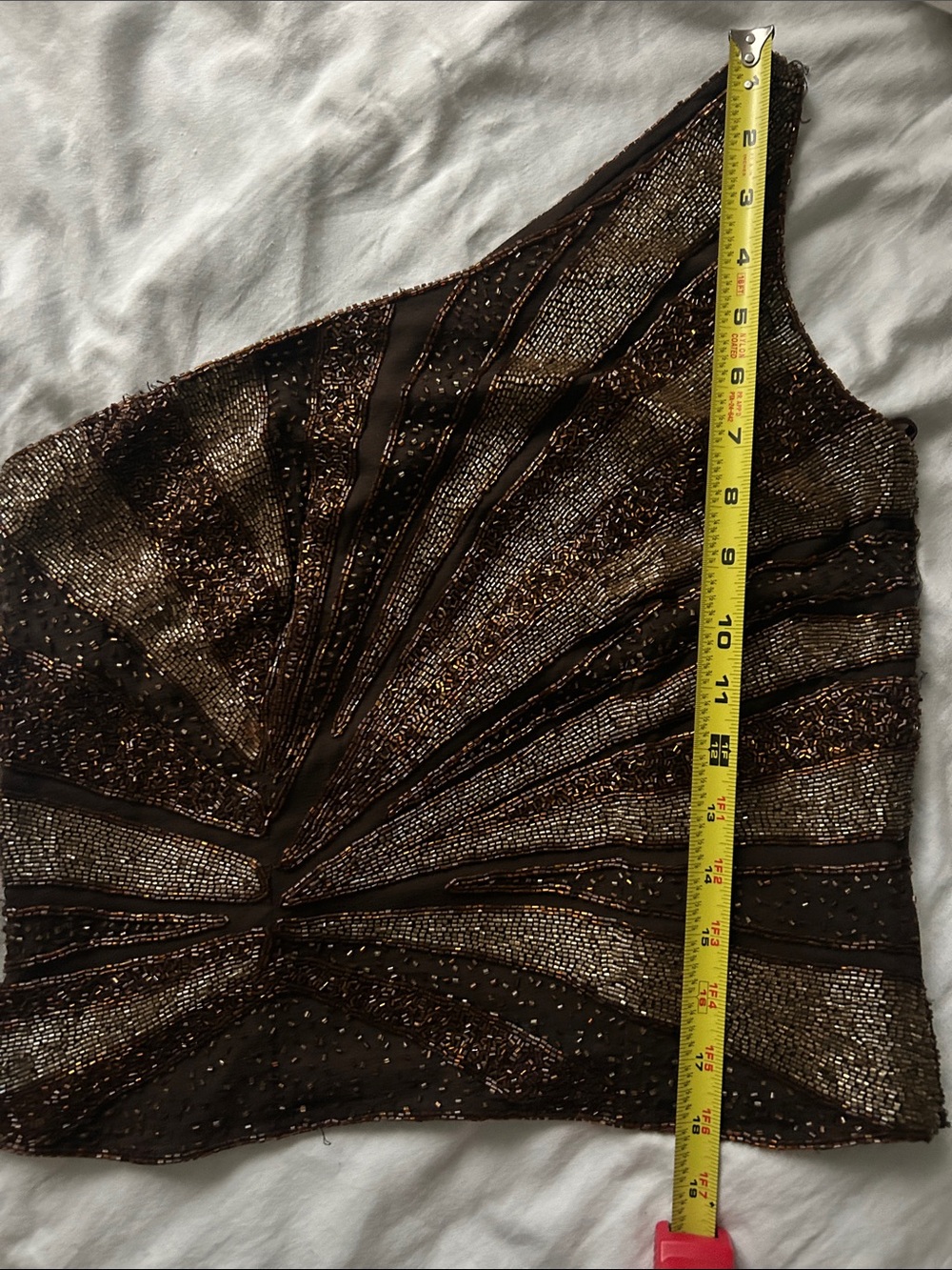 Insane Vintage Caché Beaded One ShoulderTop in Bronze. Shell 100% Pure Silk - Picture 10 of 11